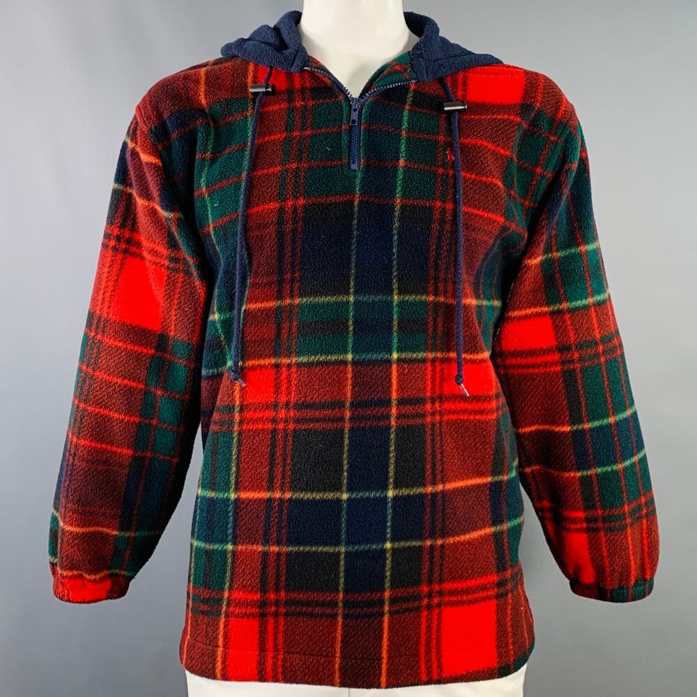 POLO by RALPH LAUREN Red Navy Green Plaid Polyester Hooded 1/4 Zip Sweatshirt
